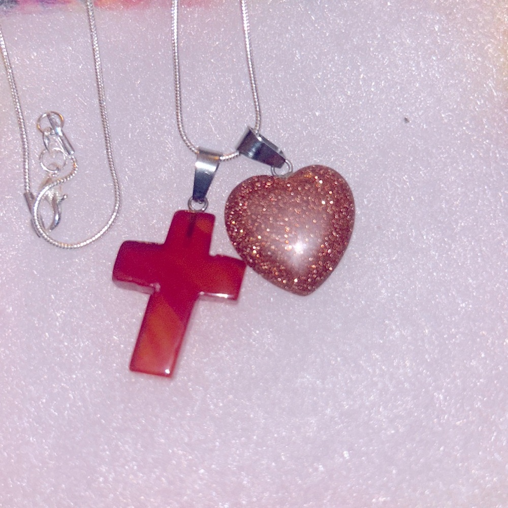 Boho Carnelian Agate Cross and Goldstone Heart Sterling Silver 16” Necklace